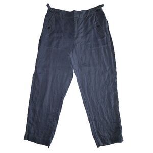 Athleta Voyager Linen Pants Size 12 Granite Blue Relaxed Fit Pockets Buckles